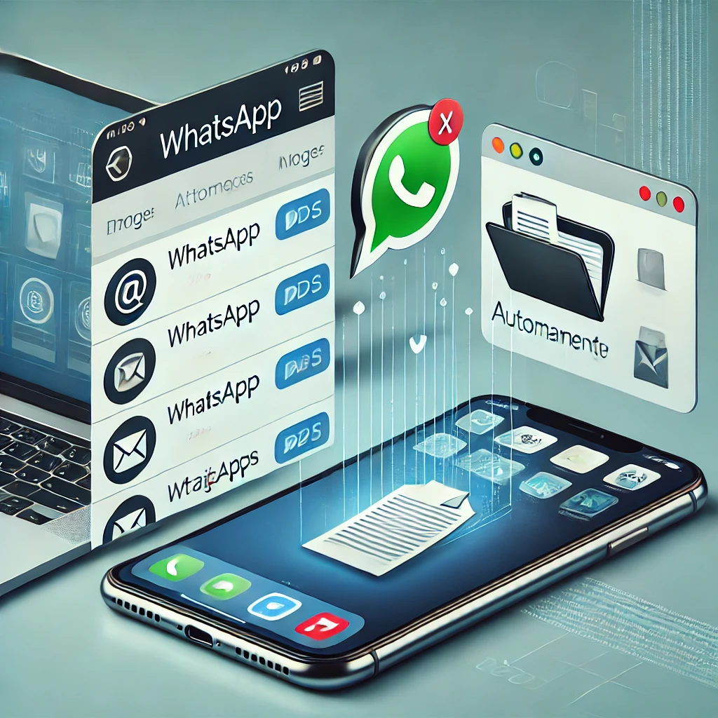 Ela representa um smartphone com um chat do WhatsApp onde anexos são automaticamente enviados para um e-mail, destacando a automação e eficiência no fluxo de trabalho digital